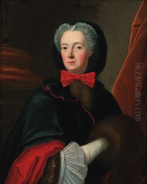 Portrait Of A Lady, Half-length,
 In A Black Cloak With A Red Bow,lace Sleeves And A Fur Muff Oil Painting by Louis Tocque