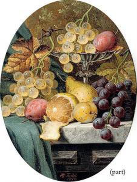 Grapes, Plums, A Lemon, A Pear And A Silver Tazza, On A Stoneledge Oil Painting by Henry George Todd