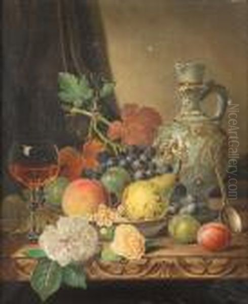 Still Life Of Fruit, A Glass And A Stoneware Bellarmine Oil Painting by Henry George Todd