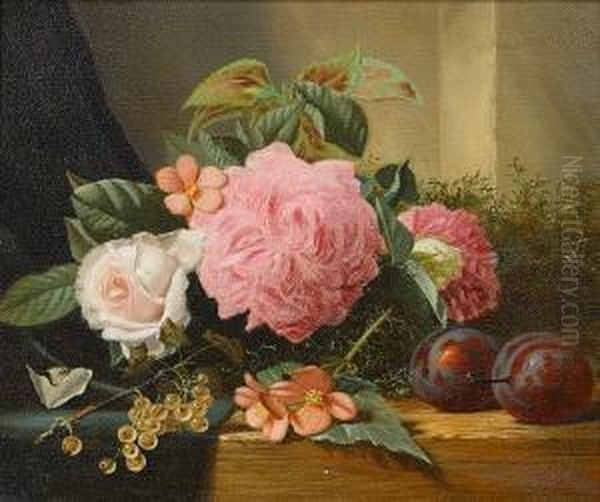 Still Life Of Flowers And Fruit On A Ledge Oil Painting by Henry George Todd