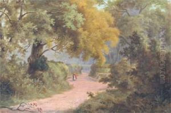 A Woman Walking On A Country Road Oil Painting by Henry George Todd