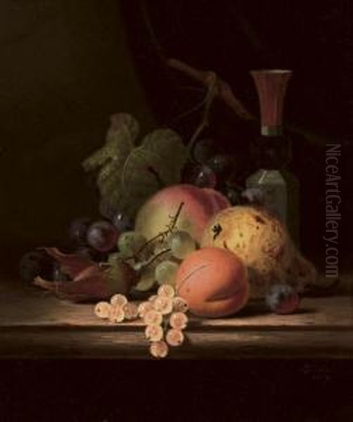 Still Life With Pear, Apple, Apricot, Grapes And Vase Oil Painting by Henry George Todd