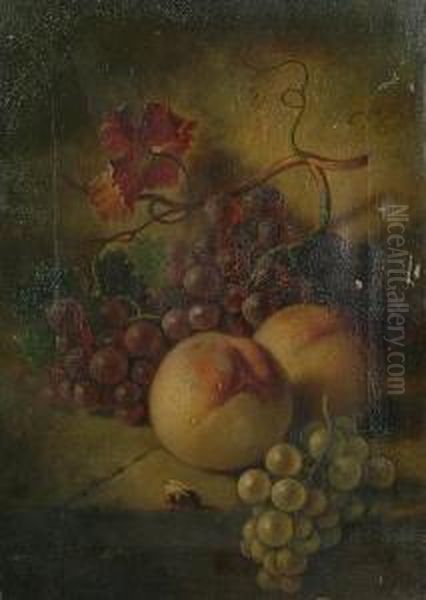 Still Life Of Grapes, Peaches And A Bee On A Ledge. Oil Painting by Henry George Todd