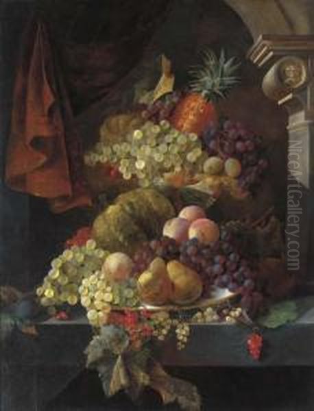 Grapes, Pears, Peaches, Plums, 
Redcurrants, Melons, And A Pineapple, On A Dish, On A Marble Ledge Oil Painting by Henry George Todd