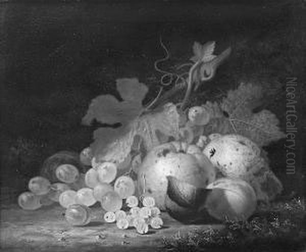 A Still Life Of Fruit And Leaves In A Bowl On A Marble Ledge Oil Painting by Henry George Todd