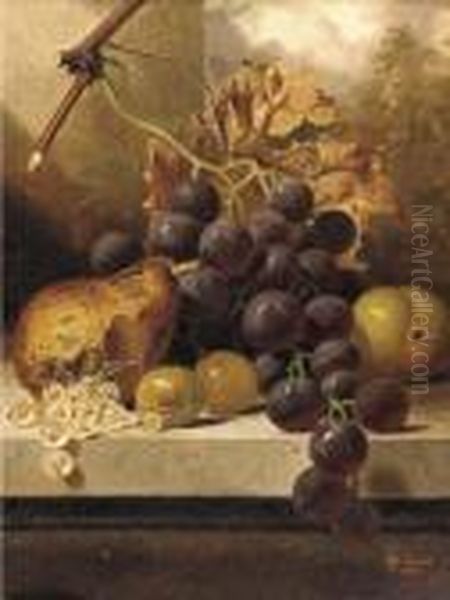 Grapes, A Pear, Gooseberries And An Apple On A Marble Ledge Oil Painting by Henry George Todd