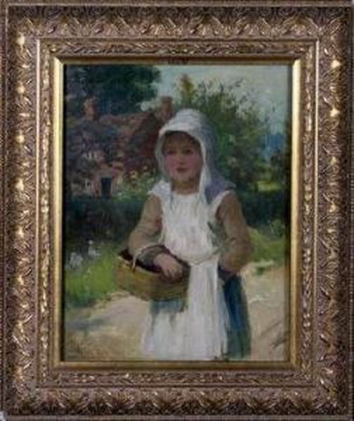 A Girl Carrying A Basket, Walking On A Country Lane Near A Cottage Oil Painting by Ralph Todd