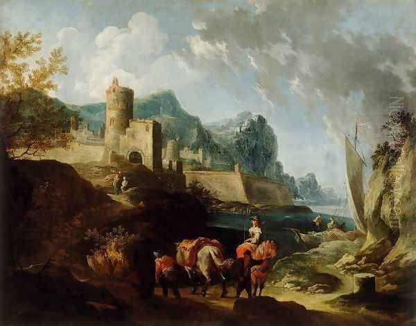 Seacoast with Travellers and a Town Oil Painting by Franz Ignaz Flurer