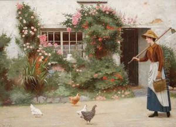 Summer Idyll - A Gardener And Chickens Outsidea Cottage Oil Painting by Ralph Todd