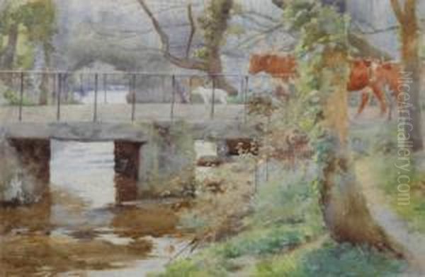 Cattle Crossing A Stone Bridge. Oil Painting by Ralph Todd