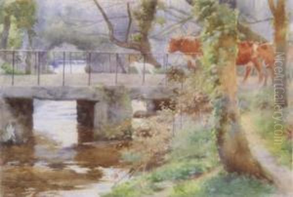 Cattle On A Stone Bridge Initialled And Dated '99 7.5 X 11in Oil Painting by Ralph Todd