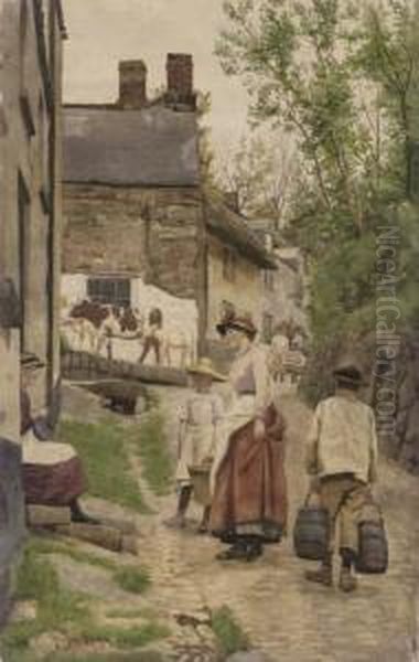 Returning Home With The Milk Churns, Church Lane Oil Painting by Ralph Todd