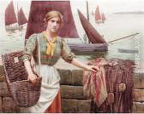 A Newlyn Fishergirl Oil Painting by Ralph Todd