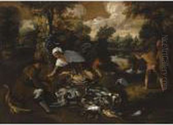 A Fluvial Landscape With Figures
 Hunting And A Woman Selling Thespoils Of The Hunt To A Man Oil Painting by Lodovico Pozzoserrato (see Toeput, Lodewijk)