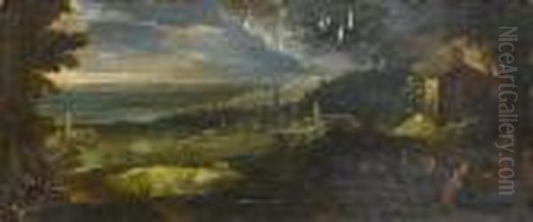 The Rest On The Flight Into Egypt In Anextensive Landscape Oil Painting by Lodovico Pozzoserrato (see Toeput, Lodewijk)