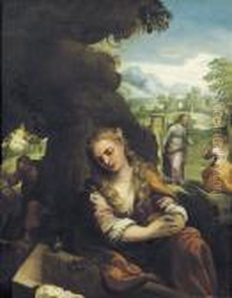 Saint Mary Magdalene Contemplating The Empty Grave Of Christ Oil Painting by Lodovico Pozzoserrato (see Toeput, Lodewijk)