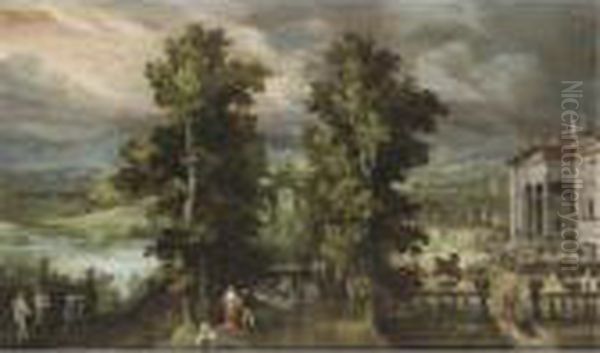 Veduta Del Parco Di Una Villa Con Figure Vicino A Una Fontana Oil Painting by Lodovico Pozzoserrato (see Toeput, Lodewijk)