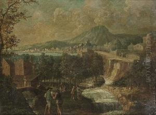 A Wooded River Landscape With Figures Beside A Waterfall, A Town In The Distance Oil Painting by Lodovico Pozzoserrato (see Toeput, Lodewijk)