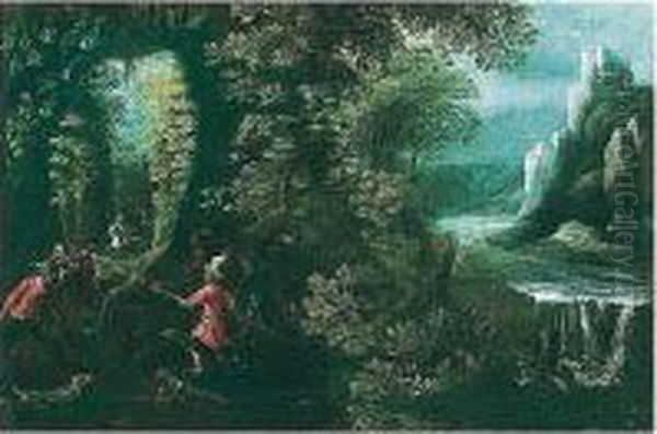 A Wild Boar Hunt With Dogs In A Forest By A Waterfall Oil Painting by Lodovico Pozzoserrato (see Toeput, Lodewijk)