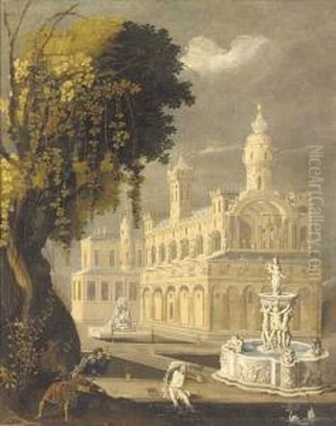 Suzanna And The Elders Before An
 Architectural Capriccio Of A Palace And An Ornamental Fountain Oil Painting by Lodovico Pozzoserrato (see Toeput, Lodewijk)