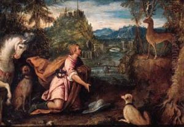 The Vision Of Saint Hubert Oil Painting by Lodovico Pozzoserrato (see Toeput, Lodewijk)