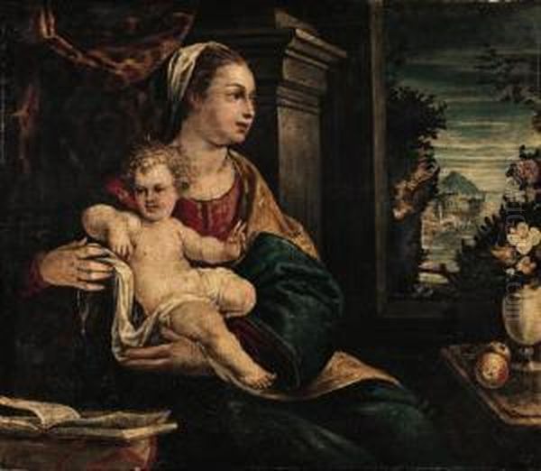 The Madonna And Child Seated 
Before An Open Window With Anextensive River Landscape Beyond Oil Painting by Lodovico Pozzoserrato (see Toeput, Lodewijk)