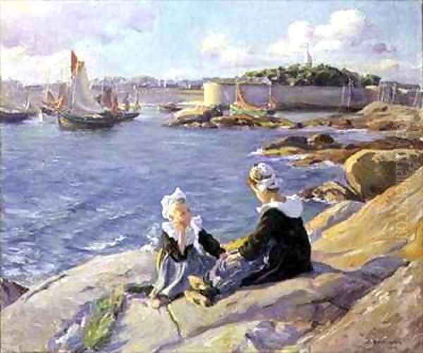 Breton Girls by the Harbour Concarneau Oil Painting by Alfred-Victor Fournier