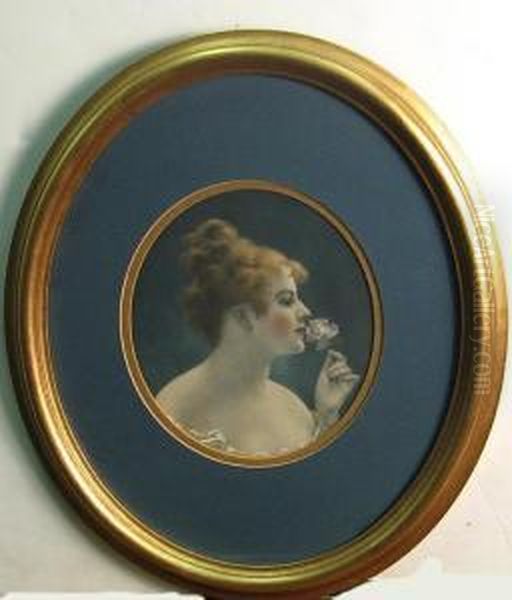 Portrait Of A Lady Sniffing A Rose Oil Painting by Virgilio Tojetti