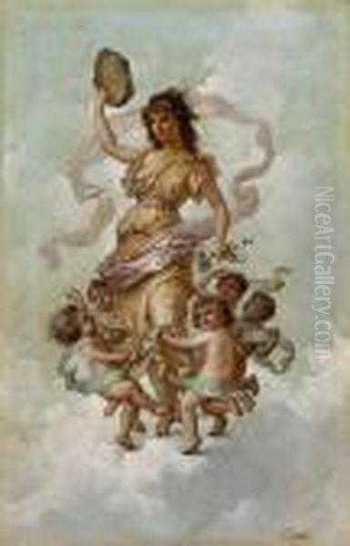 The Muse Of Music With Dancing Putti Oil Painting by Virgilio Tojetti