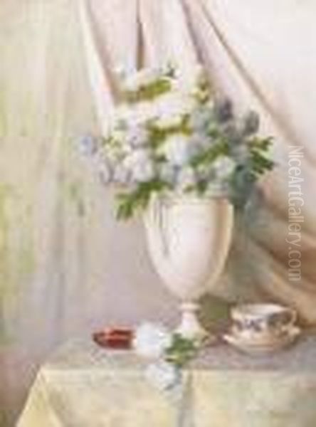 White Still Life Of Flowers Oil Painting by Akos Tolnay