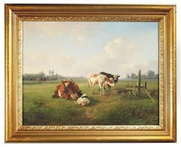 Wide Meadow With Cows At A Feeding Through Oil Painting by Jan Bedijs Tom