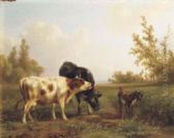 Cows And A Goat In A Sunlit Meadow Oil Painting by Jan Bedijs Tom