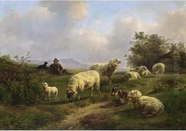 A Shepherd And His Flock At Rest Oil Painting by Jan Bedijs Tom