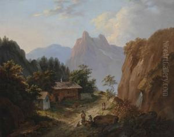 Rastende Bauern Bei Einer Almhutte In Gebirgslandschaft Oil Painting by Matthias Rudolf Toma