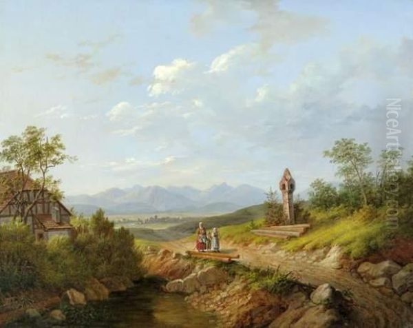 Paysage Au Bord Des Alpes Et Promeneuses Oil Painting by Matthias Rudolf Toma