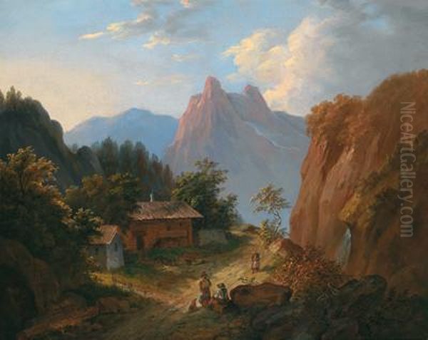 Mountain Landscape With Resting Hikers Oil Painting by Matthias Rudolf Toma