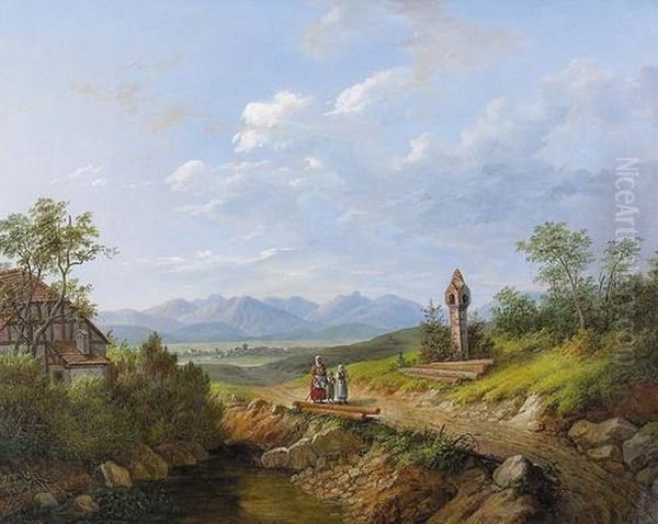 Voralpenlandschaft Mit Spaziergangerinnen. Oil Painting by Matthias Rudolf Toma