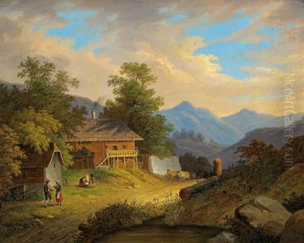 Gebirgige Landschaft Mit Bauerngehoft Und Figurlicher Staffage Oil Painting by Matthias Rudolf Toma