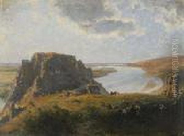 A Landscapewith Divin Oil Painting by Heinrich Tomec