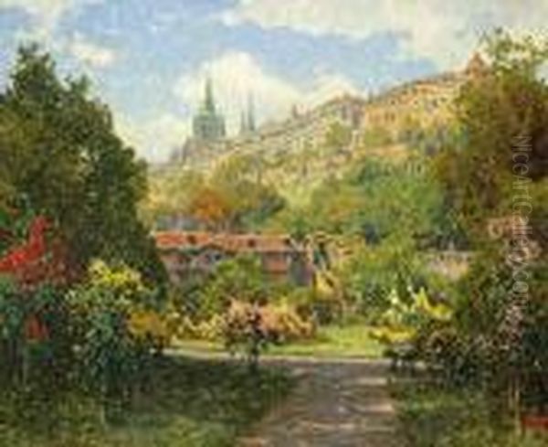 Prague In Blossom Oil Painting by Heinrich Tomec