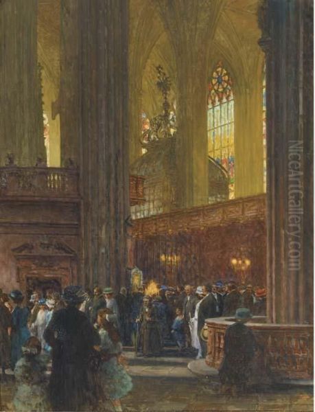 Church Interior Oil Painting by Heinrich Tomec