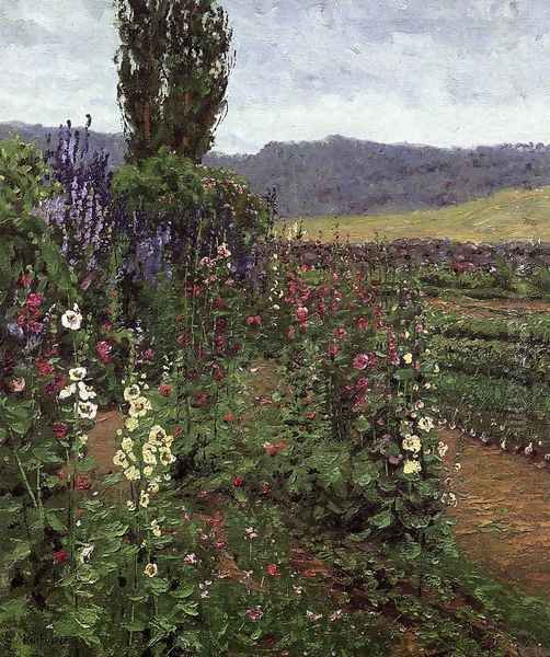 Hollyhock Path Oil Painting by Ben Foster