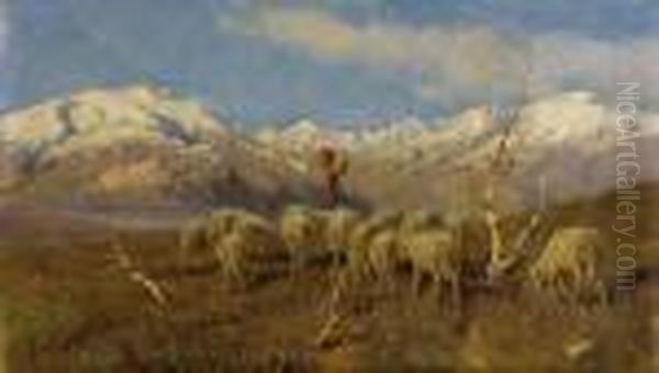 A Herder And Flock Grazing In The Alps Oil Painting by Achille Tominetti