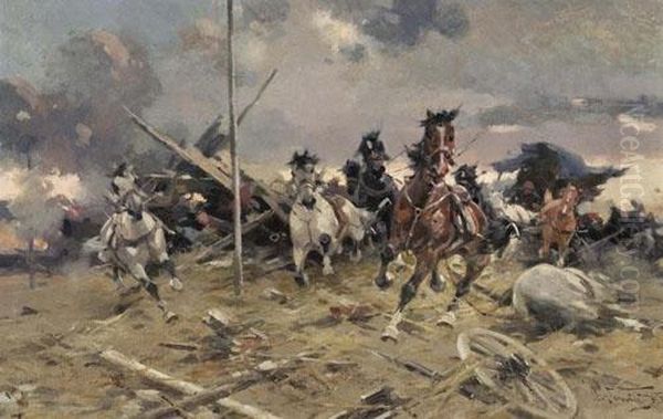 Battle On Horseback 1917. Oil Painting by Alfredo Tominz