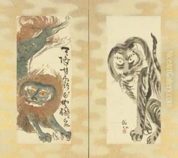 Tiger And Lion-dog Oil Painting by Keisen Tomita