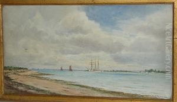 A Three-masted Ship And Sailing Barges On The Blackwater Estuary, Essex Oil Painting by William Stephen Tomkin