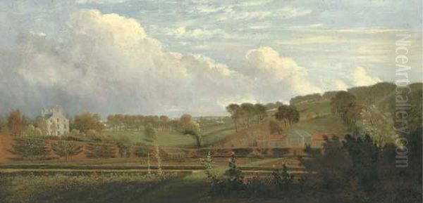 A Kitchen Garden Traditionally 
Identified As In Hampstead, A House And Outbuildings Beyond Oil Painting by William Tomkins