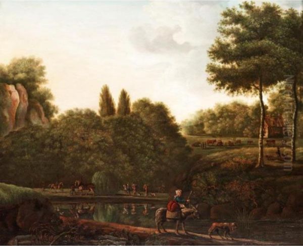 A River Landscape Oil Painting by William Tomkins