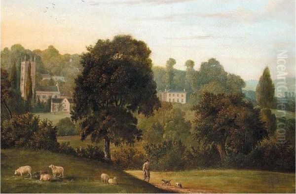 Landscape With Church, Possibly Bere Regis, Dorset Oil Painting by William Tomkins