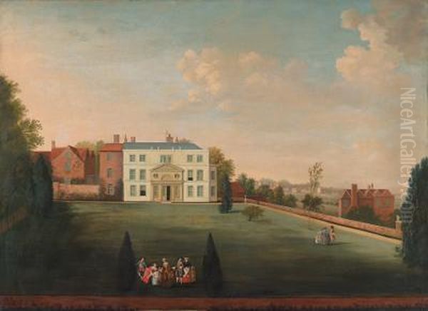 A Country House With Figures Assembled On The Lawn, And A Village Beyond Oil Painting by William Tomkins